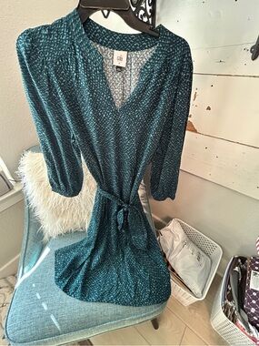 CAbi Teal Printed Midi Wrap Dress